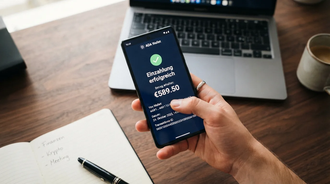 Wallet-zu-Casino-Transaktion mit ADA-Symbol und Uhr für Geschwindigkeit