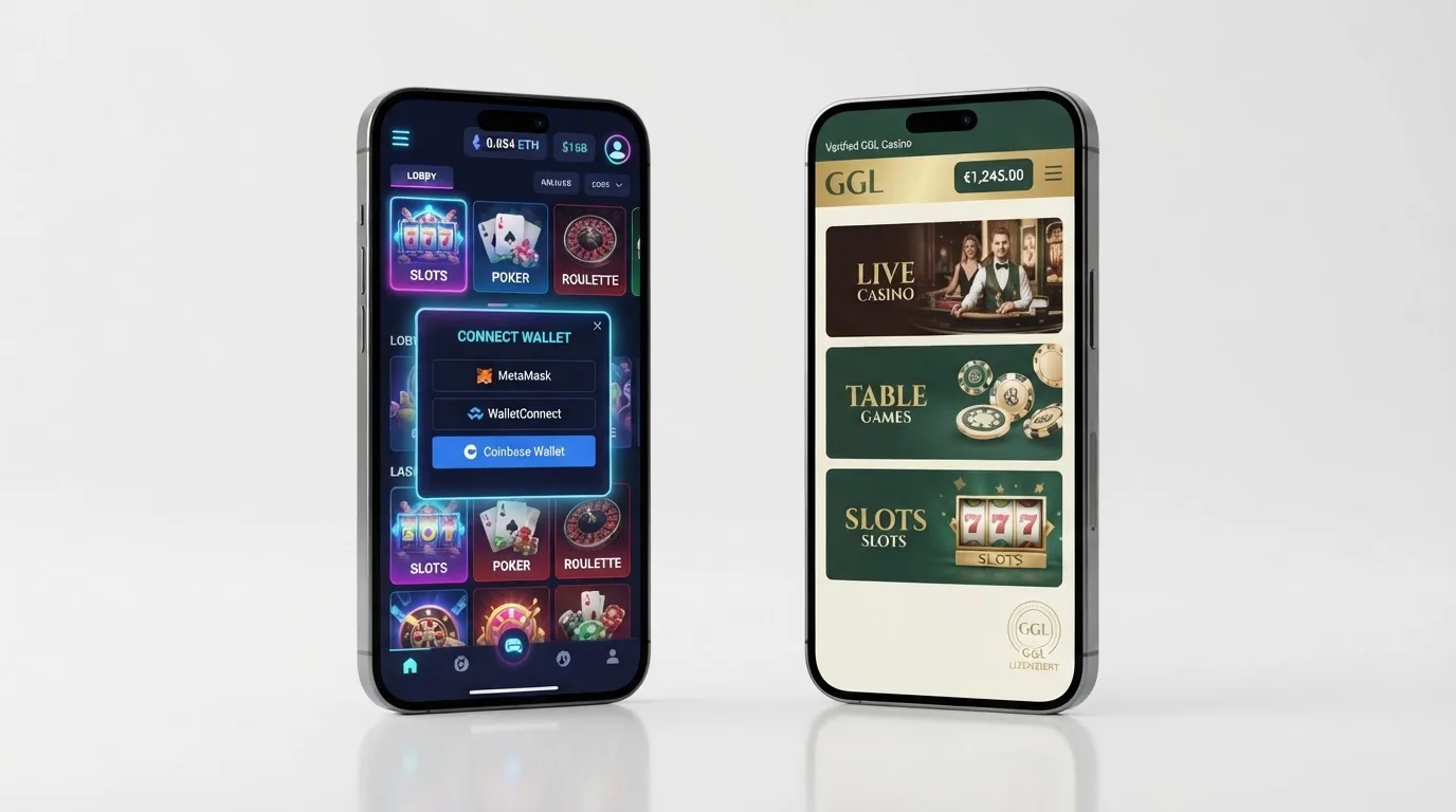 Visuelle Gegenüberstellung: Links ein Screenshot eines ETH-Casinos mit Wallet-Anbindung, rechts das GGL-Logo – die zwei Welten im Vergleich