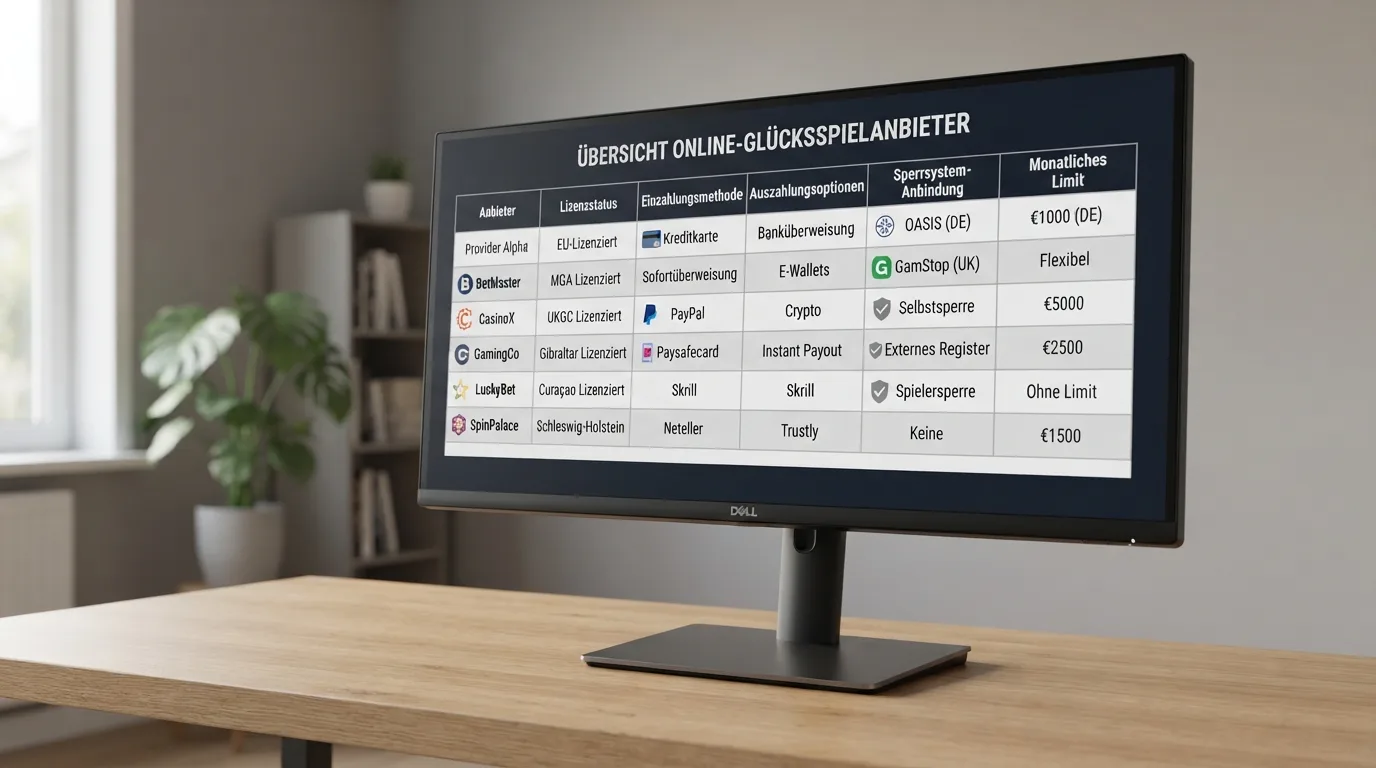 Vergleichstabelle mit Anbieterlogos und Lizenzsymbolen auf einem Desktop-Monitor im Büro
