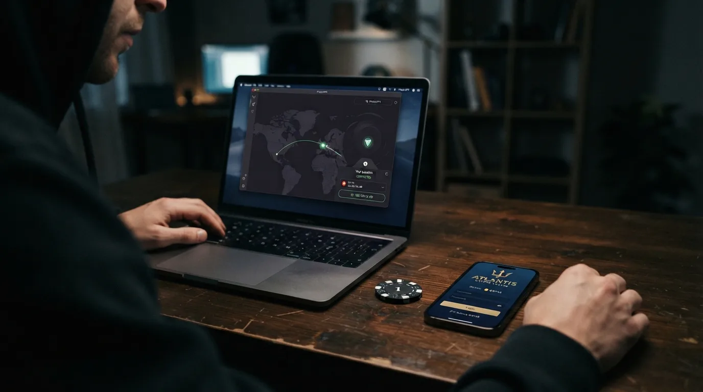 Stilisierte Darstellung: Ein Spieler mit VPN-Symbol und durchgestrichenem OASIS-Logo