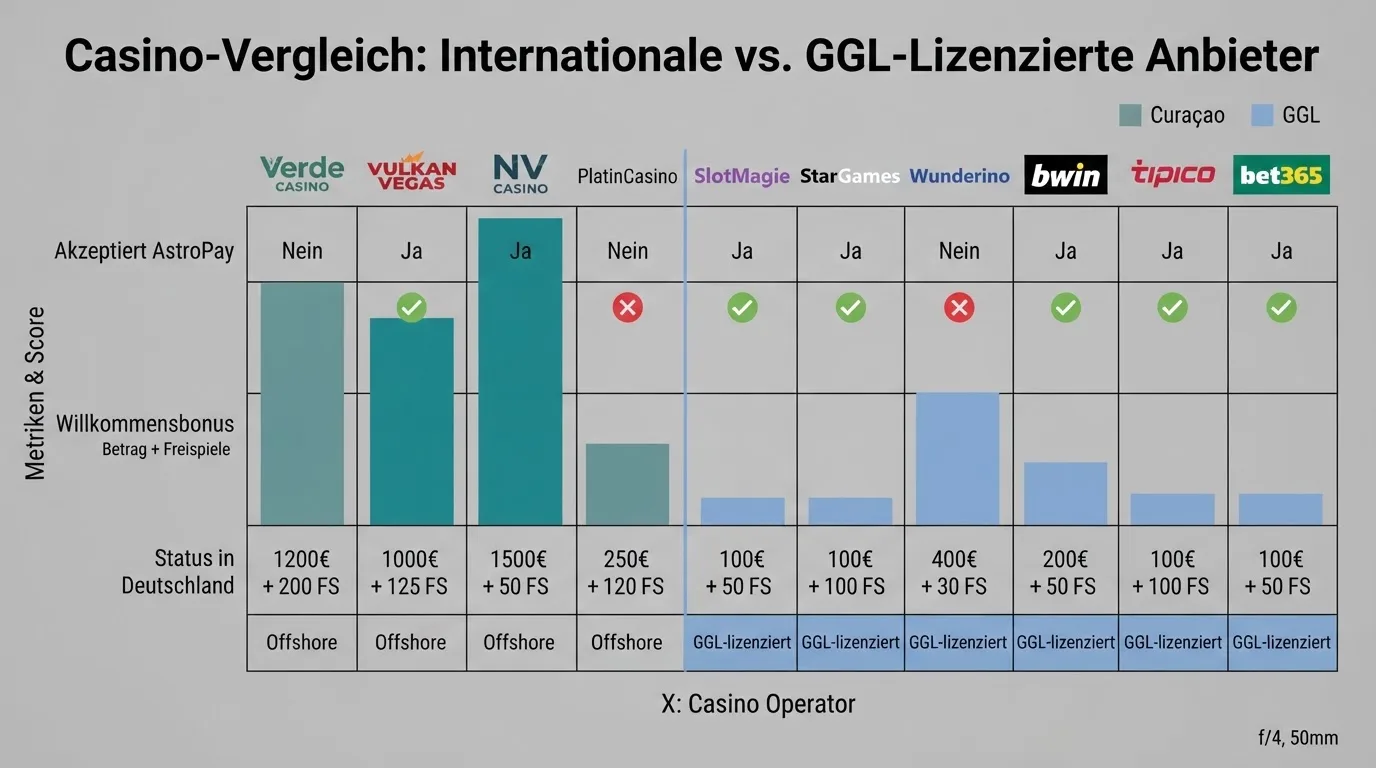 Vergleichstabelle der zehn geprüften Anbieter mit Lizenz- und AstroPay-Spalte