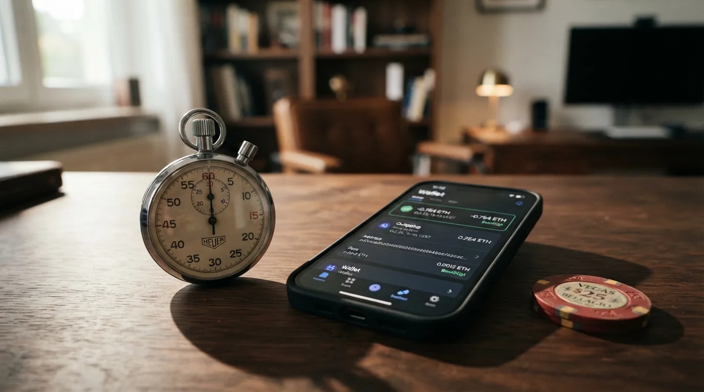 Stoppuhr neben einer ETH-Wallet mit Auszahlungspfeil – Geschwindigkeit als zentrales Versprechen