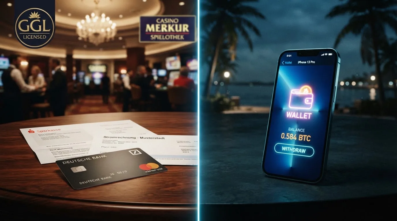 Zwei parallele Pfade: links lizenziert mit Ausweis-Symbol und KYC-Prüfung, rechts Offshore mit Wallet-Symbol ohne Dokument-Prüfung