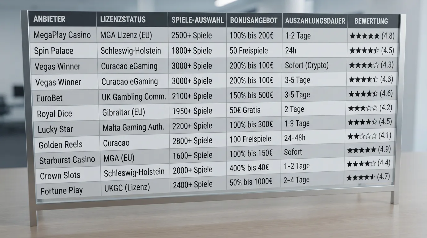 Vergleichstabelle der Casinos