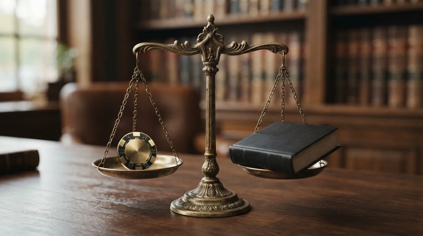 Waage-Motiv: BCH-Coin auf der einen Seite, Gesetzbuch auf der anderen — Abwägung Freiheit vs. Regulierung