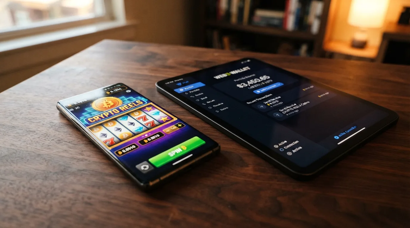 Smartphone mit Casino-Slot im Browser, BCH-Wallet-App daneben im Split-Screen