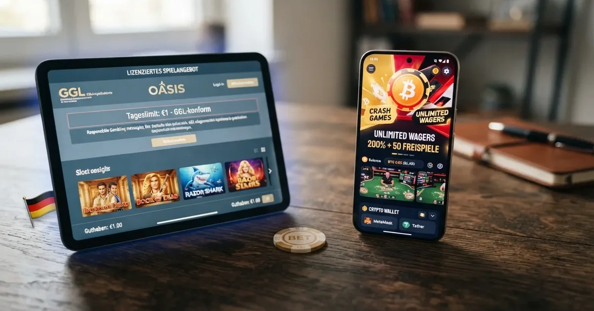Split-Vergleich: links GGL-Casino-Interface mit OASIS-Logo und €1-Limit, rechts Krypto-Casino mit Wallet-Integration
