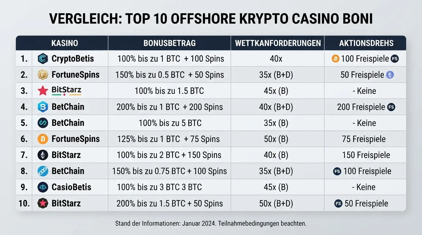 Vergleichstabelle mit zehn Casino-Logos und ihren Bonus-Kennzahlen