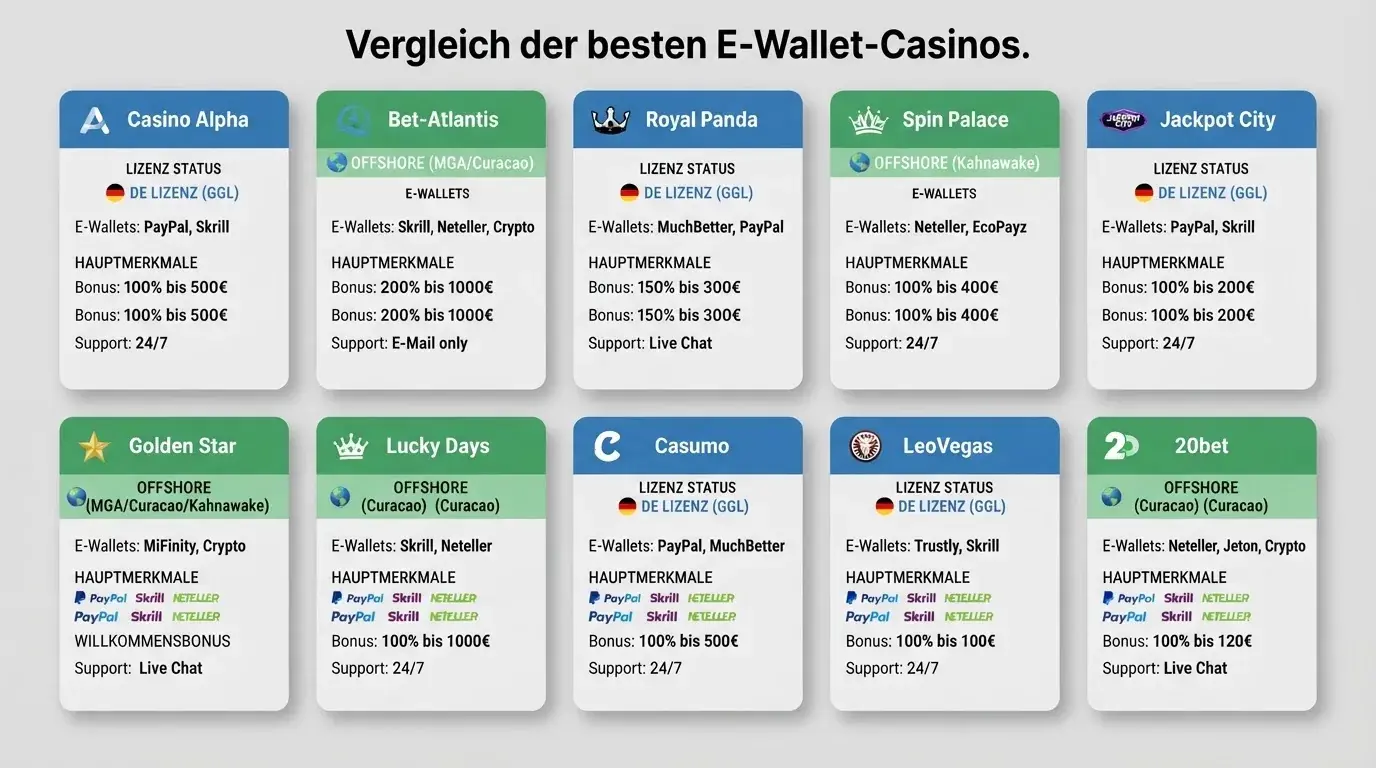 Vergleichsraster mit zehn Casino-Karten und klar markierter deutscher Lizenzlage