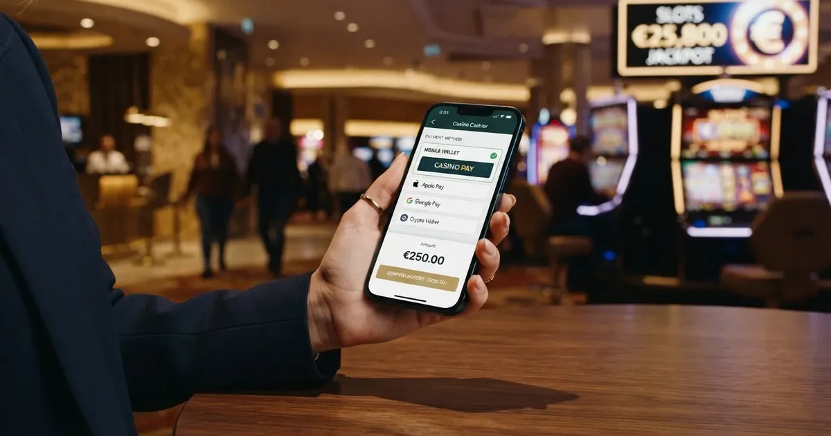 Smartphone mit Apple-Pay-Checkout-Bildschirm und Casino-Branding im Hintergrund