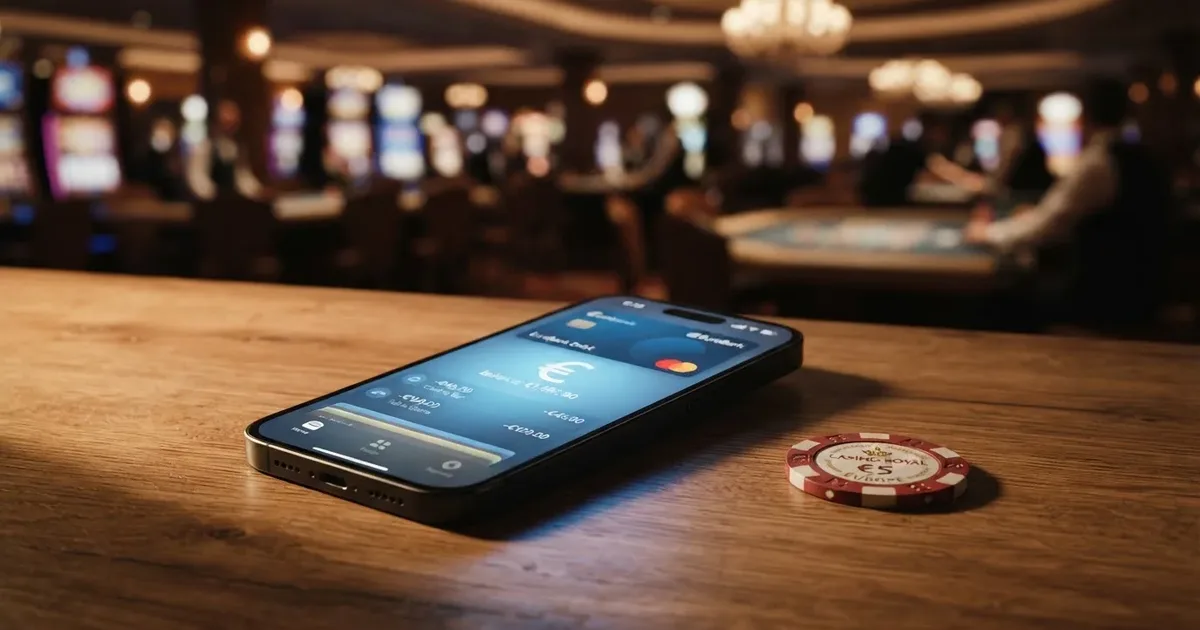 ecoPayz-Logo auf Smartphone-Display mit offener Wallet-App vor unscharfem Casino-Hintergrund