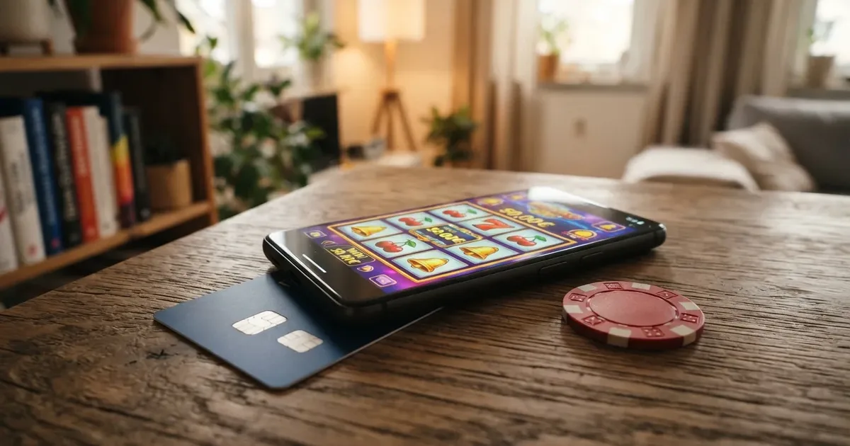 Smartphone mit geöffneter Casino-App, daneben eine Mastercard und Casino-Chips im Hintergrund