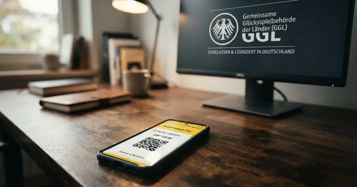 Eine Schweizer PostFinance Pay App auf einem Smartphone-Bildschirm neben dem Logo der GGL – die zwei Welten des Themas