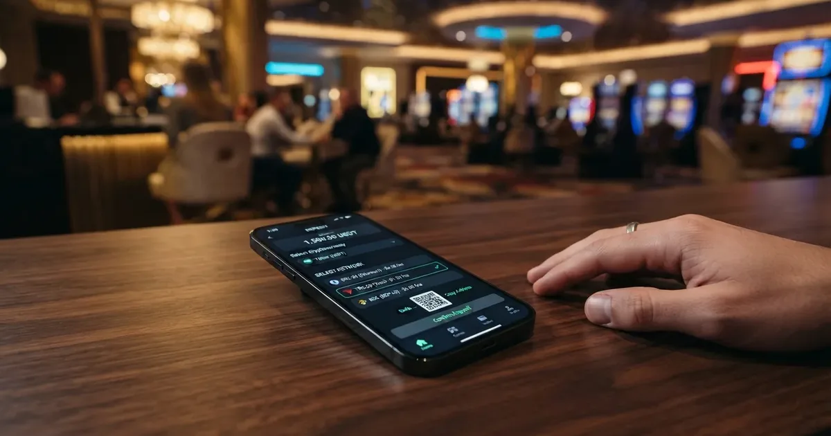 Casino-Oberfläche mit hervorgehobener USDT-Einzahlung und Blockchain-Netzwerk-Auswahl