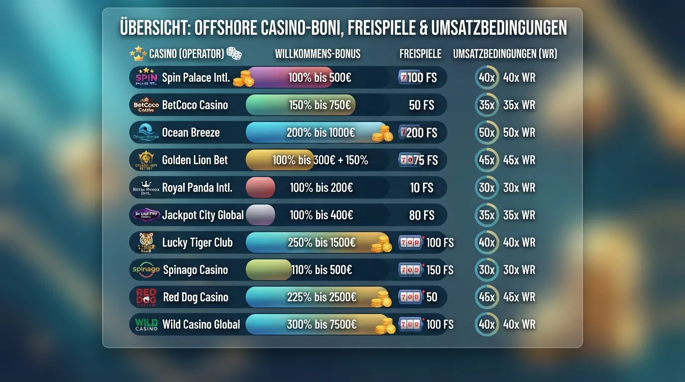Übersichtstabelle der zehn Krypto-Casinos mit Bonus, Freispielen und Umsatzbedingungen