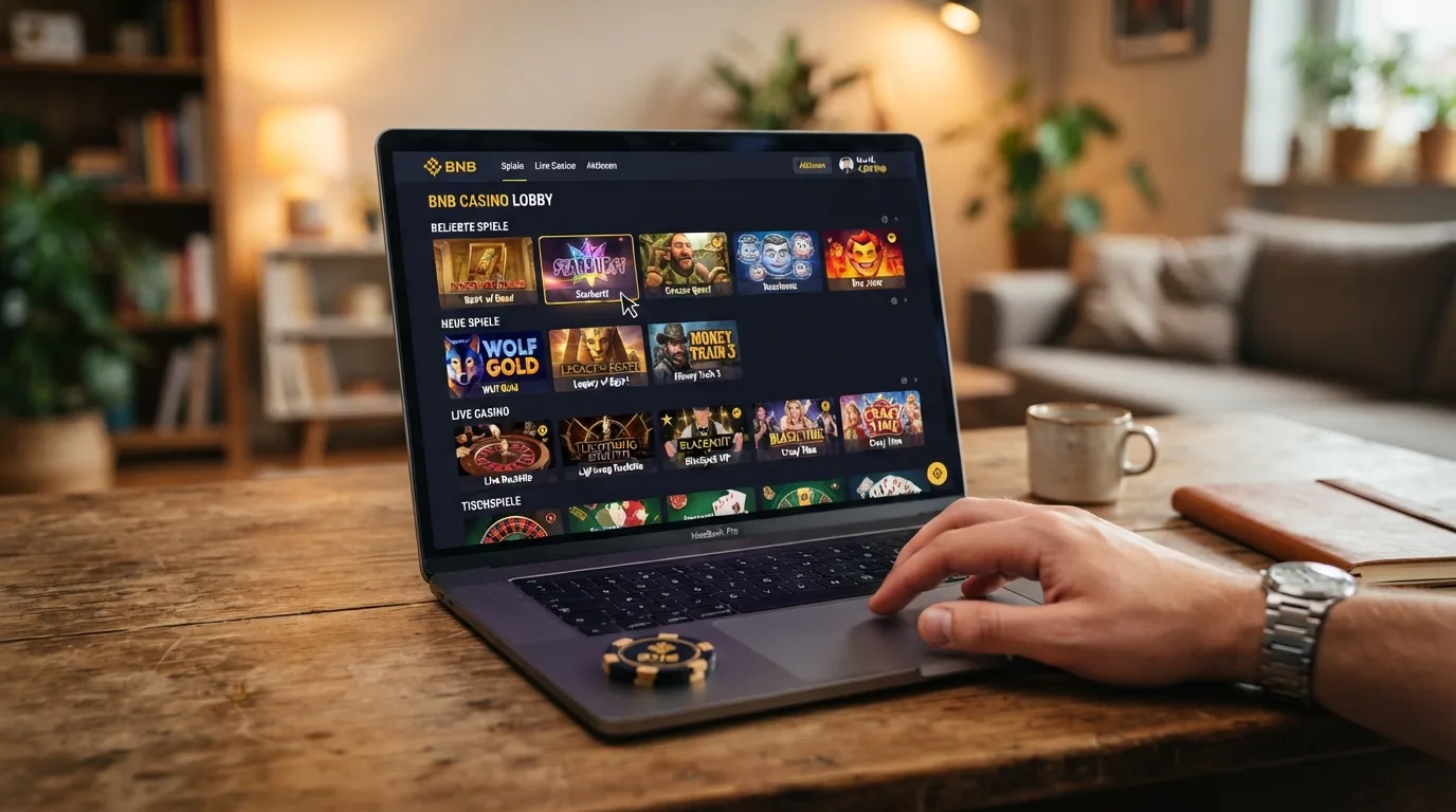Spiele-Lobby eines BNB Casinos – Slots, Live-Dealer und Tischspiele im Überblick