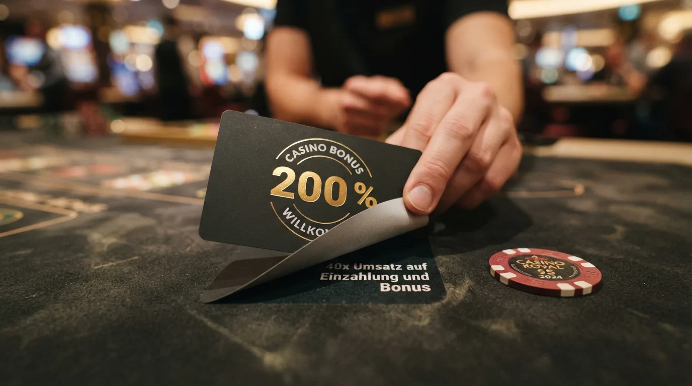Ein aufgeschnittener Willkommensbonus-Deckel: Außen „200 % bis 1.000 €“, innen das Kleingedruckte mit Umsatzbedingungen – die versteckte Realität der Bonuswerbung