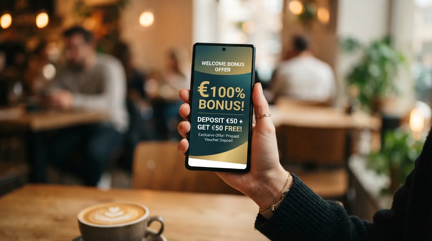 Willkommensbonus-Angebot mit hervorgehobenen Umsatzbedingungen und Cashout-Cap als Warnhinweis