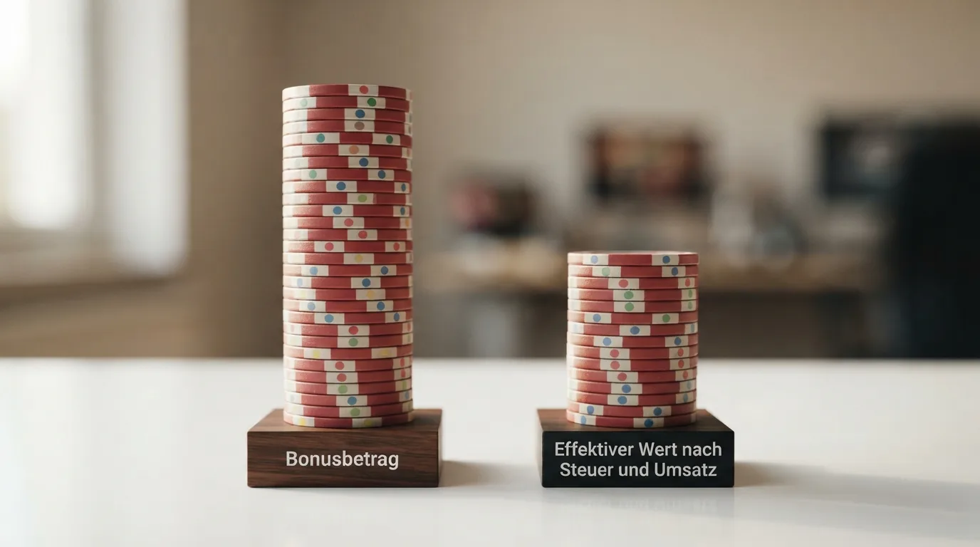 Diagramm: Bonusbetrag vs. effektiver Wert nach Steuer und Umsatz, zwei Balken im Kontrast