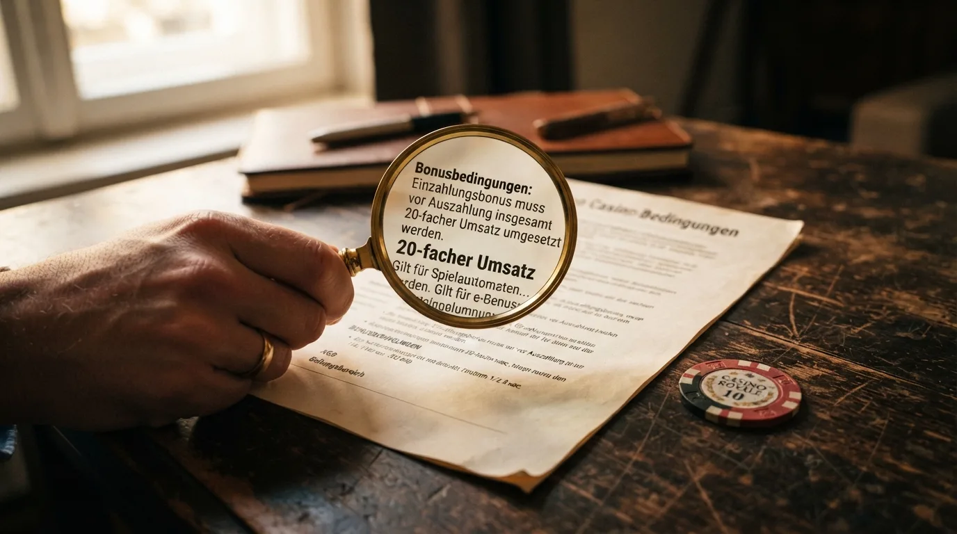 Lupe über Bonusbedingungen-Text mit durchgestrichener großer Zahl und kleinerem Endwert