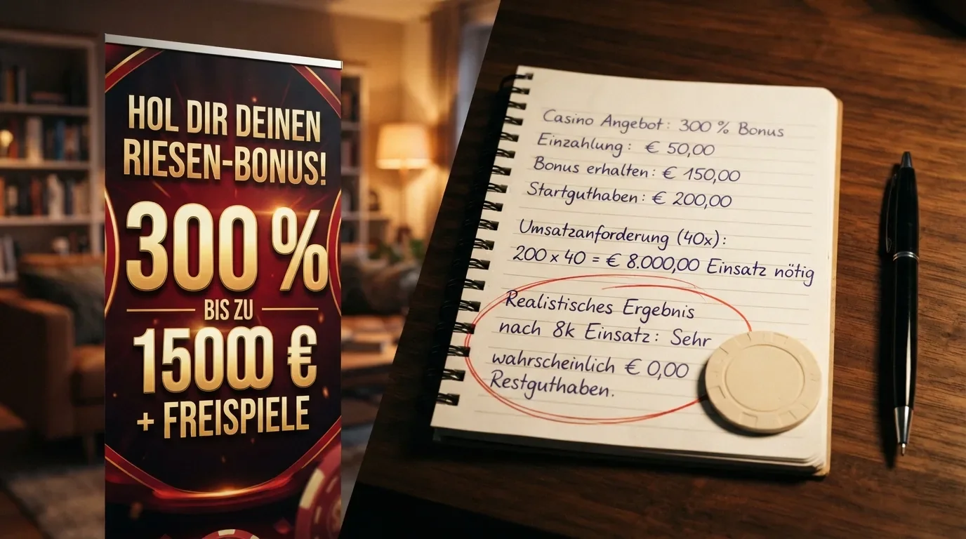 Ein Bonus-Plakat mit „300 %!“ und daneben, wie viel nach 40x-Umsatz tatsächlich übrig bleibt