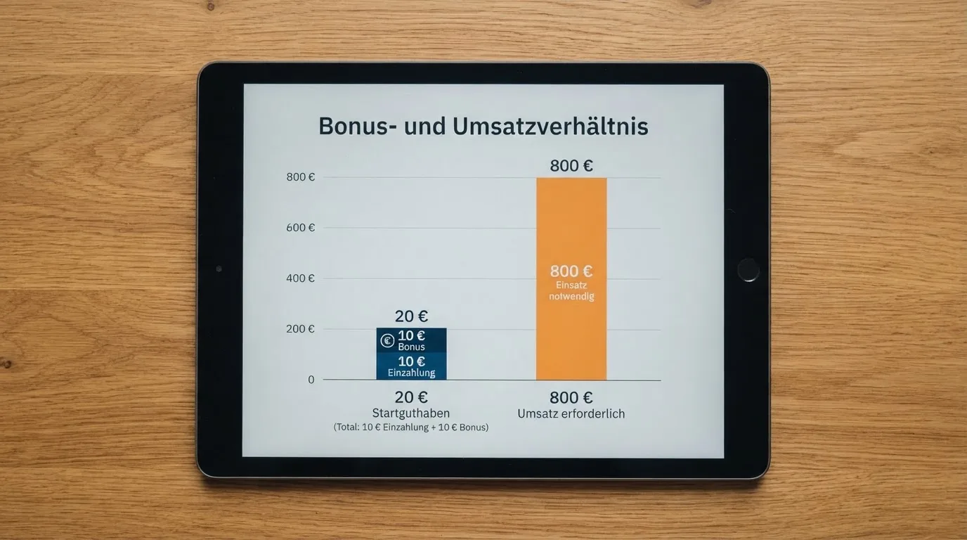 Infografik: Aus 10 Euro Einzahlung und 10 Euro Bonus werden bei 40x Umsatz 800 Euro erforderlicher Einsatz