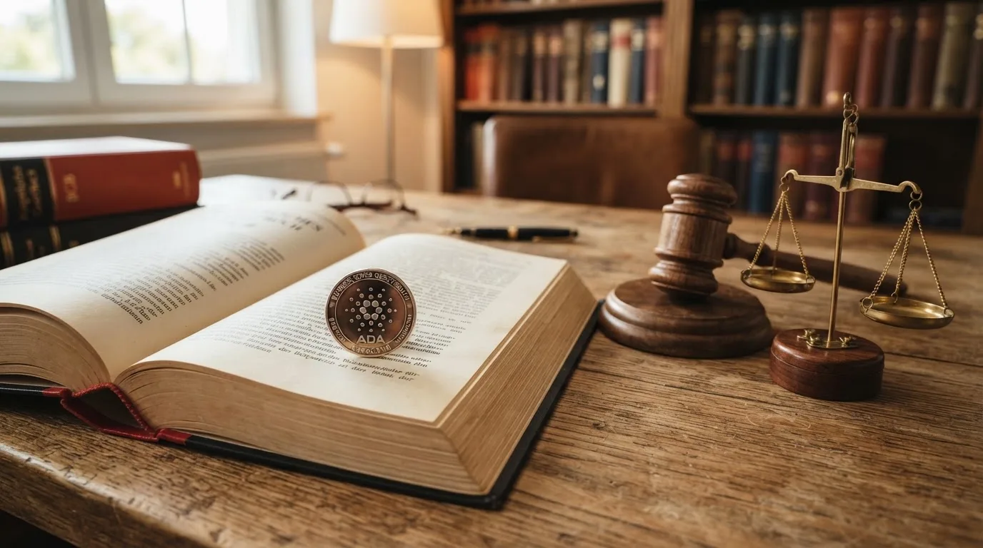Gesetzbuch mit ADA-Coin und Waage der Justiz