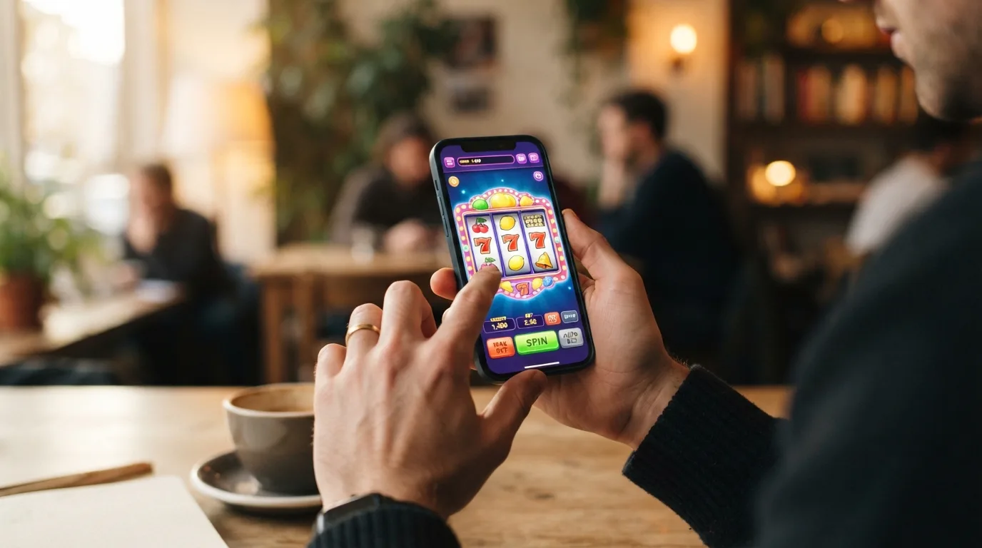 Smartphone mit Casino-Spiel und ADA-Symbol auf dem Bildschirm