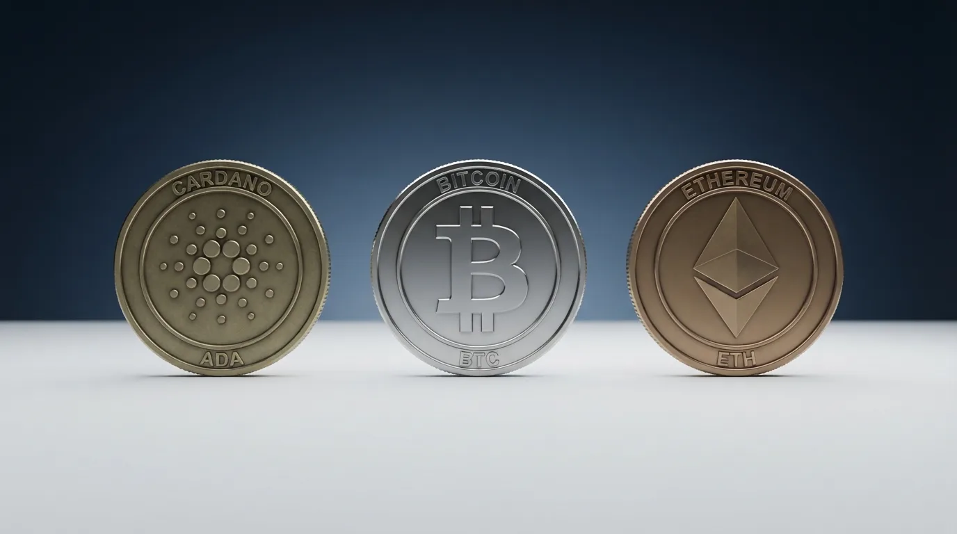ADA-, BTC- und ETH-Münzen im direkten Vergleich nebeneinander