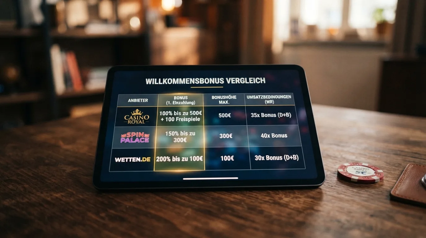 Visueller Vergleich von Willkommensbonus-Angeboten mit hervorgehobenen Umsatzbedingungen