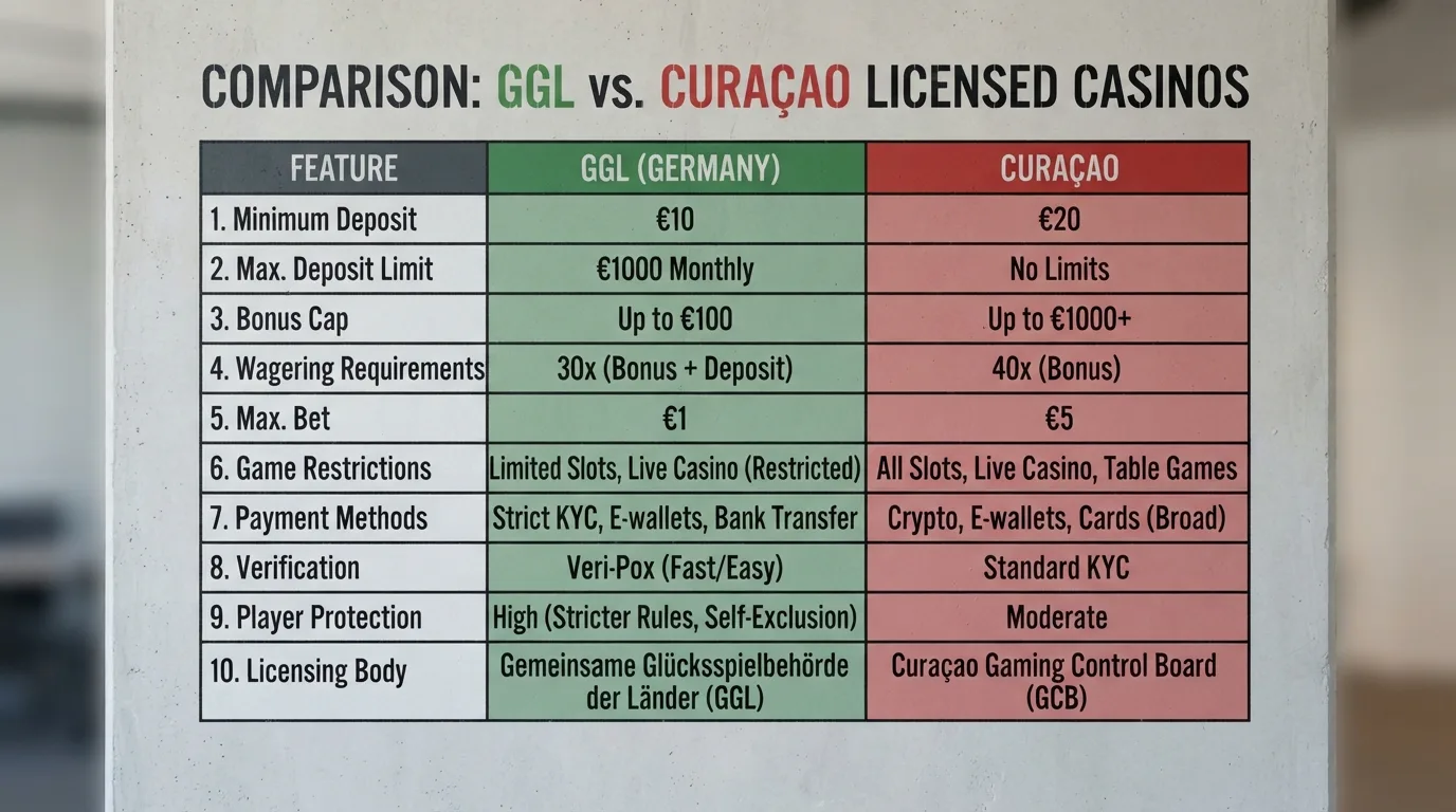 Vergleichstabelle als stilisierte Grafik: GGL-Spalte grün, Curaçao-Spalte rot — der Sicherheitsunterschied auf einen Blick