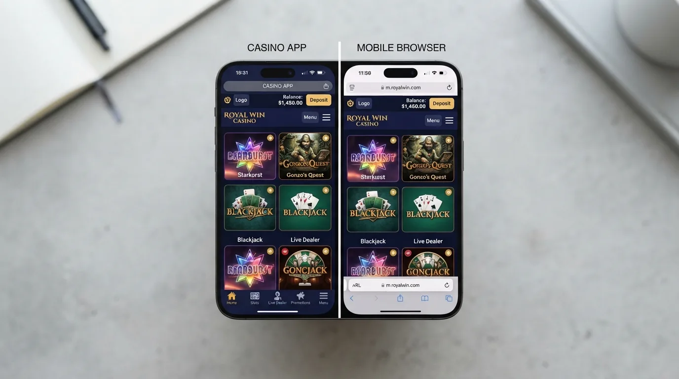 Geteilter Bildschirm: links Casino-App, rechts Browser-Version desselben Casinos