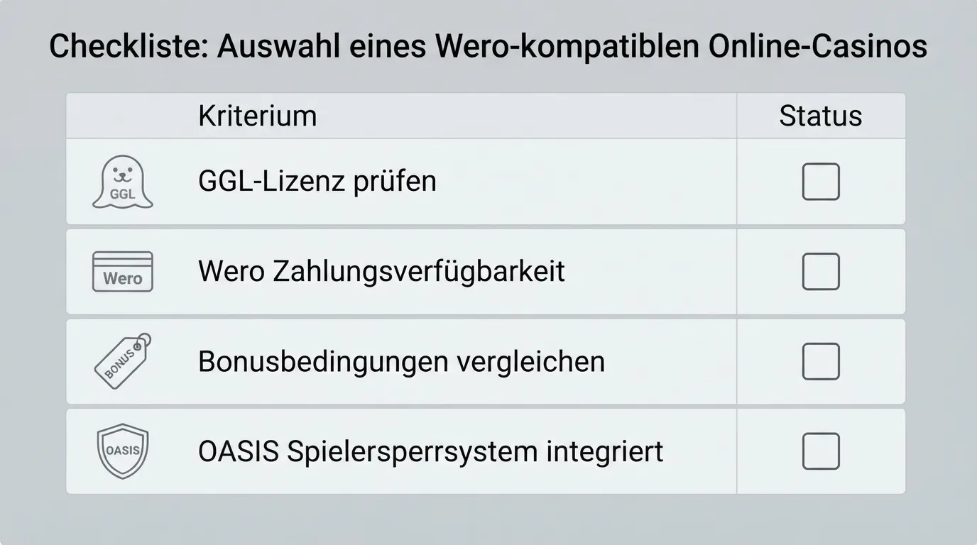 Checkliste mit GGL-Siegel, Wero-Status, Bonus-Vergleich und OASIS-Hinweis