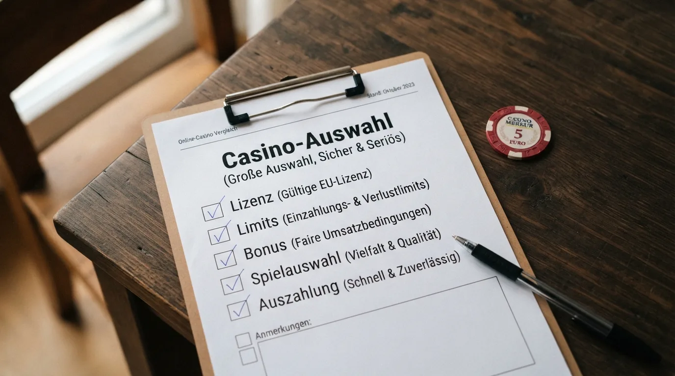 Clipboard mit Casino-Auswahl-Checkliste zu Lizenz, Limits, Bonus und Spielauswahl