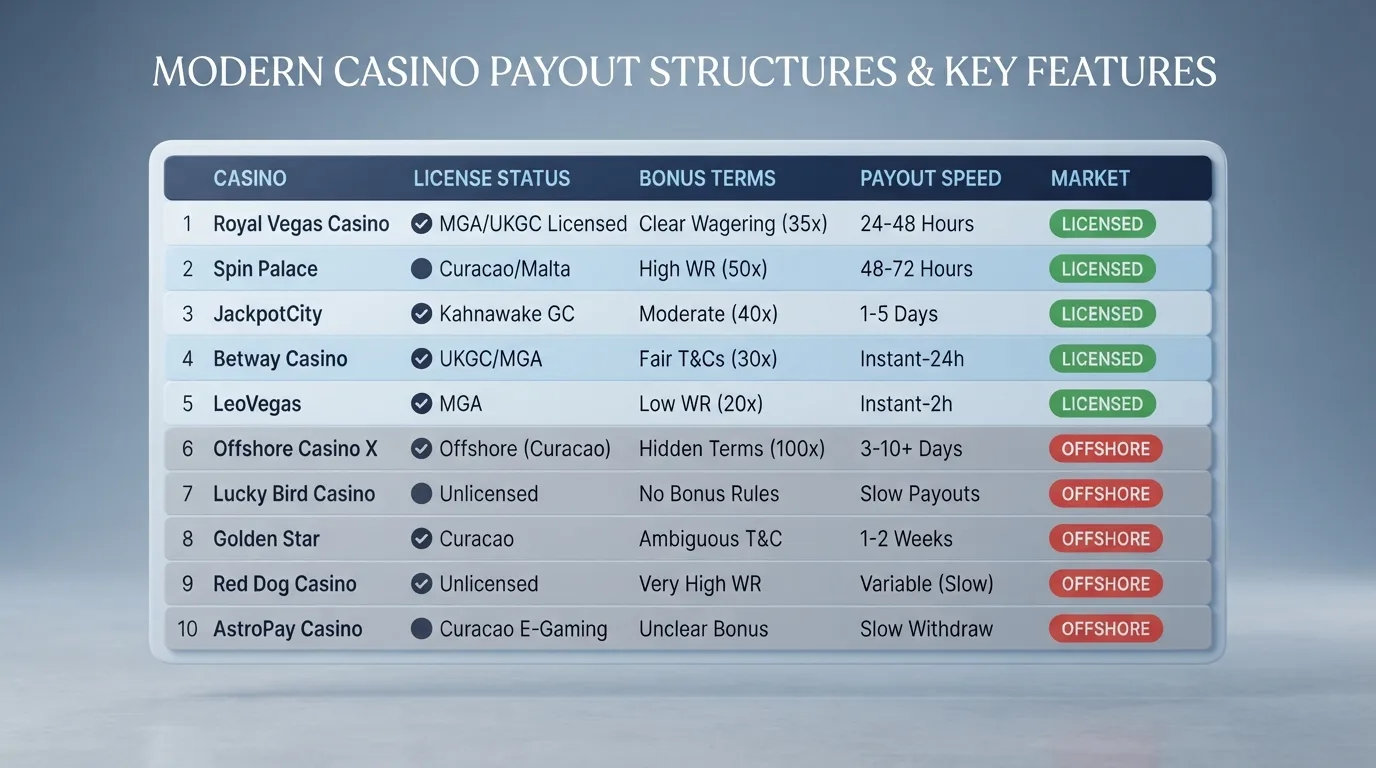 Vergleichstabelle mit Casino-Logos, farblich getrennt nach Offshore und lizenziertem Markt