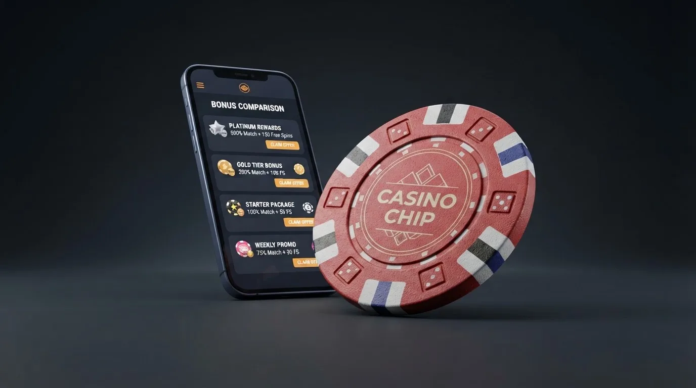 Stilisierter Bonus-Vergleich mit American-Express-Karte vor verschiedenen Casino-Angeboten