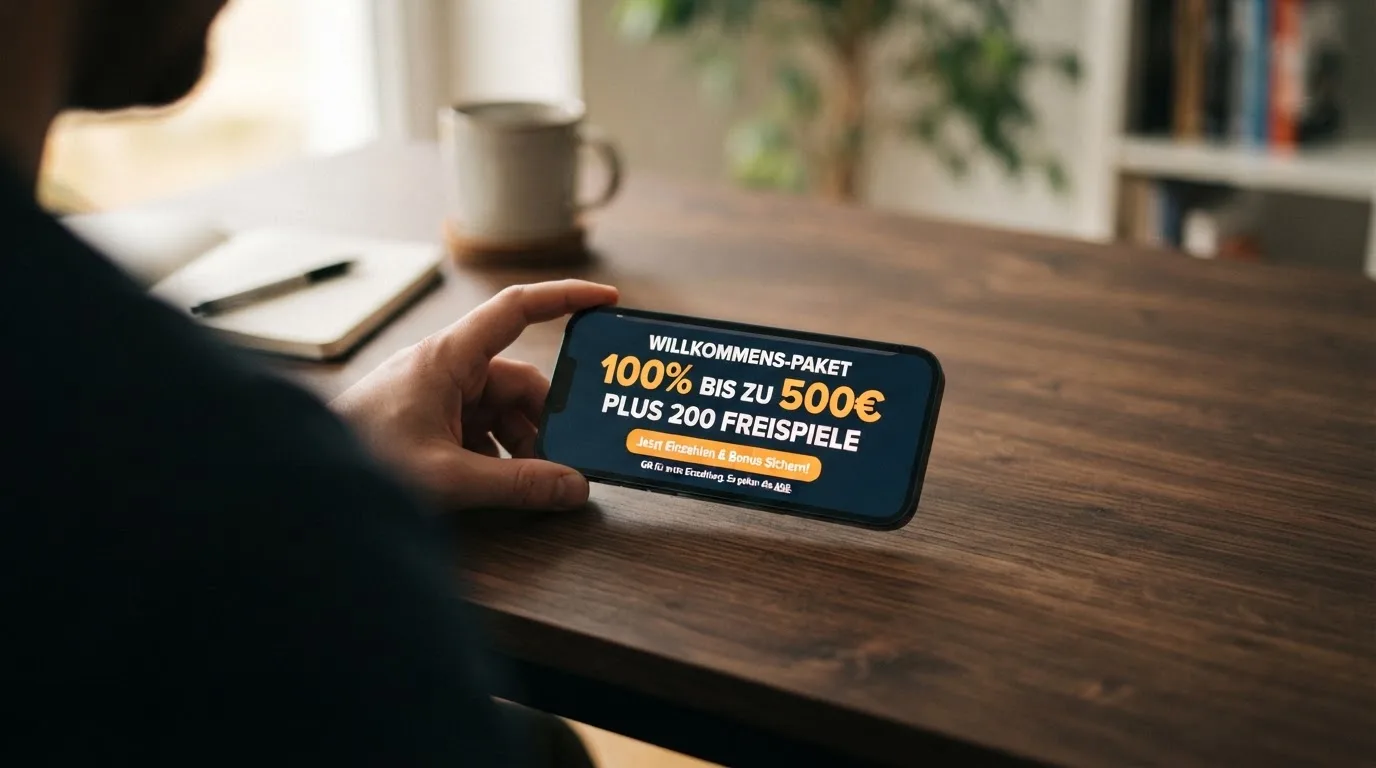 Smartphone-Display mit Willkommensbonus, großer Prozentwert und Freispiel-Anzahl hervorgehoben