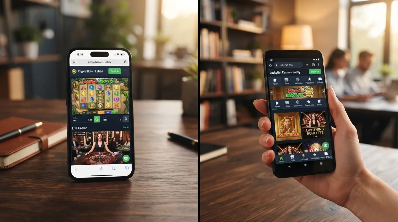 Smartphone-Darstellung: Bitcoin Casino im mobilen Browser vs. native App