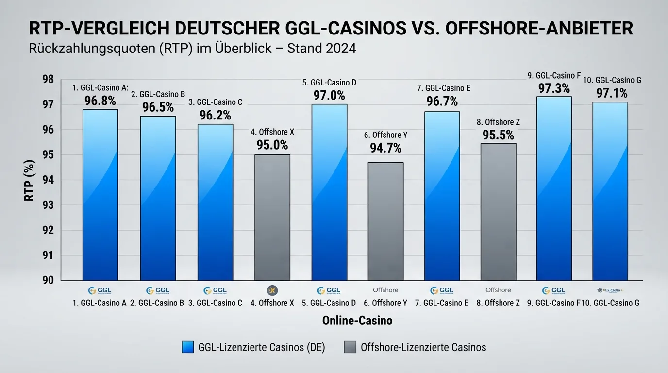 Diagramm mit zehn RTP-Balken der getesteten Casinos, farbcodiert nach GGL- und Offshore-Status