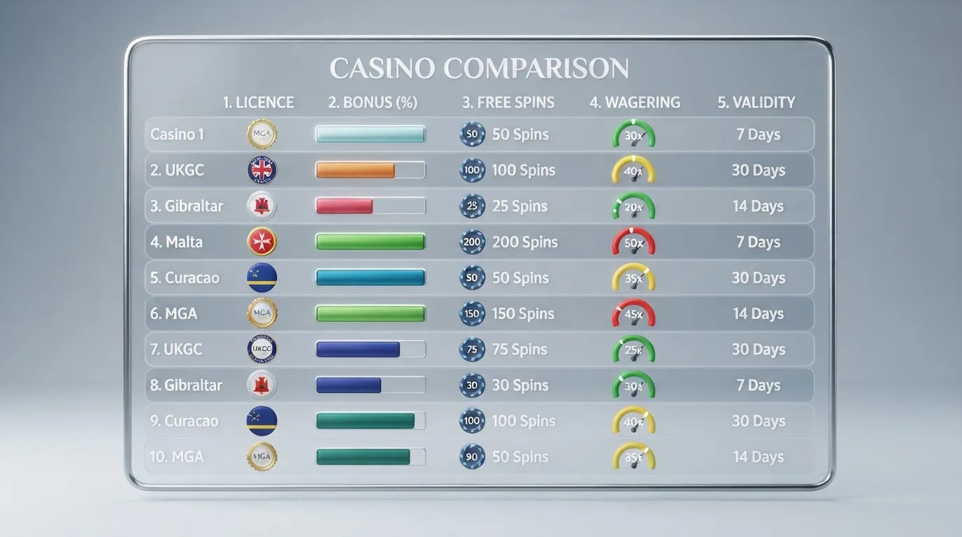 Vergleichstabelle als grafisches Element: Casino-Logos nebeneinander mit farblich abgesetzten Bewertungskriterien