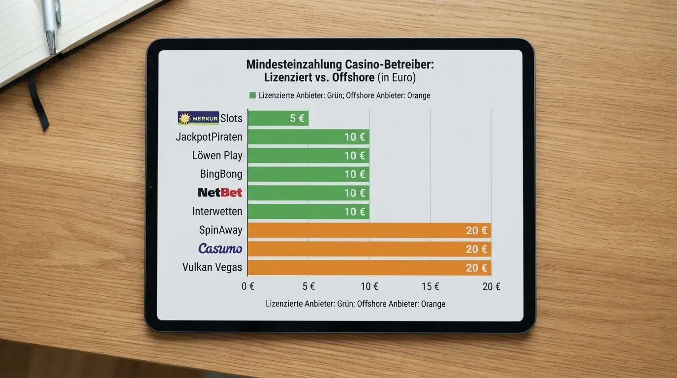 Vergleichstabelle der zehn geprüften Anbieter nach Lizenzstatus und Mindesteinzahlung
