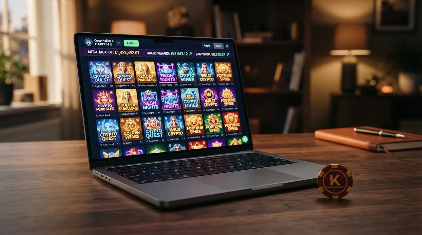 Eine Krypto-Casino-Spiele-Lobby mit Slot-Thumbnails und progressiven Jackpot-Zählern