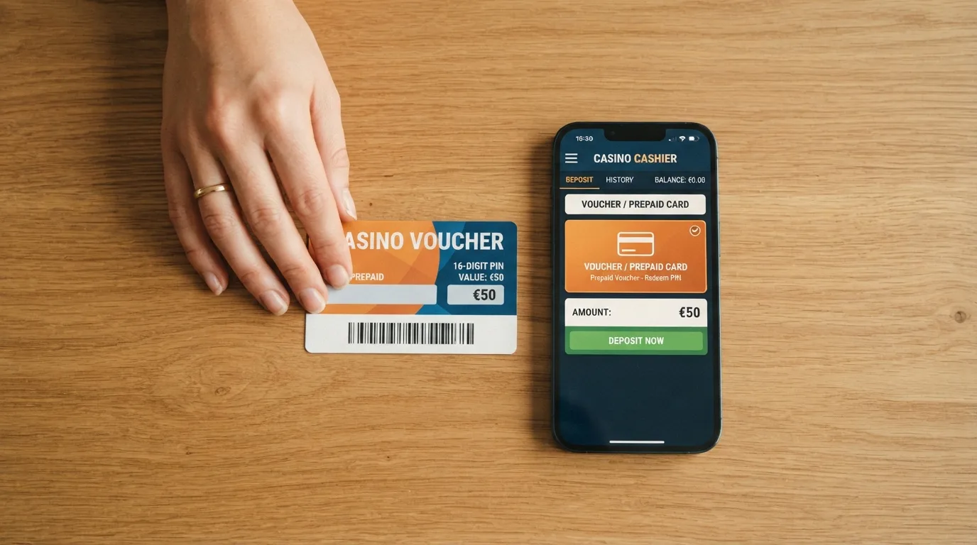 Schritt-für-Schritt-Darstellung einer Paysafecard-Einzahlung vom PIN-Kauf bis zur Gutschrift im Casino