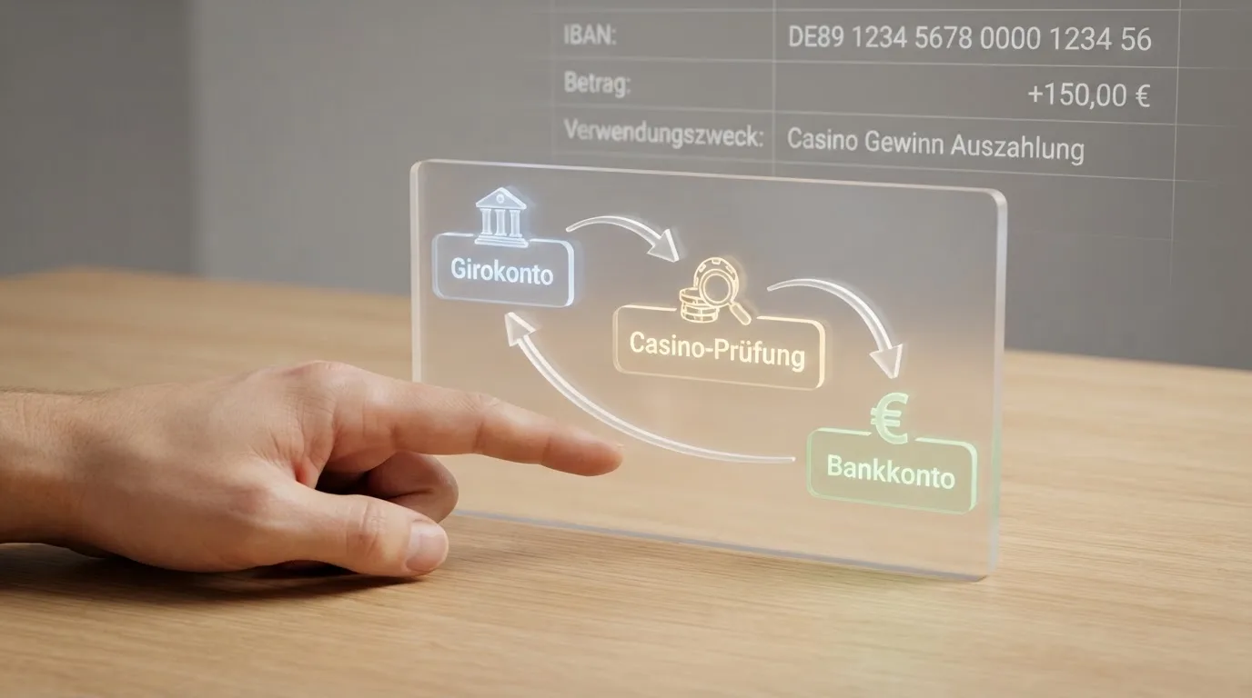 Ablaufdiagramm vom Girokonto über Casino-Prüfung zurück zum Bankkonto