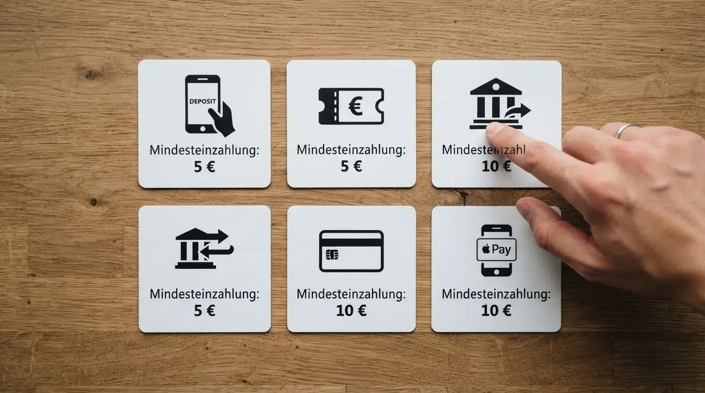 Gitter aus Zahlungsmethoden-Logos mit Mindesteinzahlungs-Markierung — die wichtigsten Wege für kleine Beträge nebeneinander