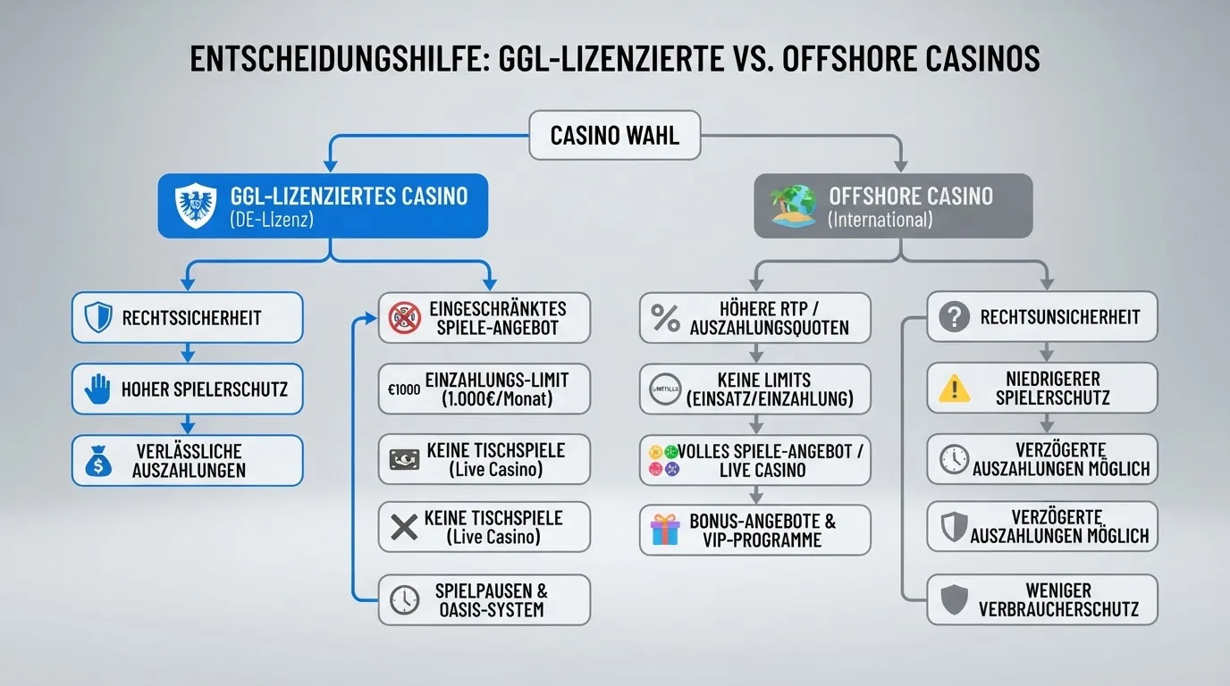 Entscheidungsbaum mit zwei Wegen: GGL-lizenziertes Casino versus Offshore-Anbieter mit Vor- und Nachteilen