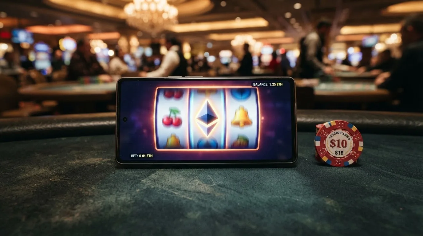 Eine Slot-Walze mit ETH-Symbol auf den Walzen statt Kirschen und Glocken – Ethereum trifft Spielautomat