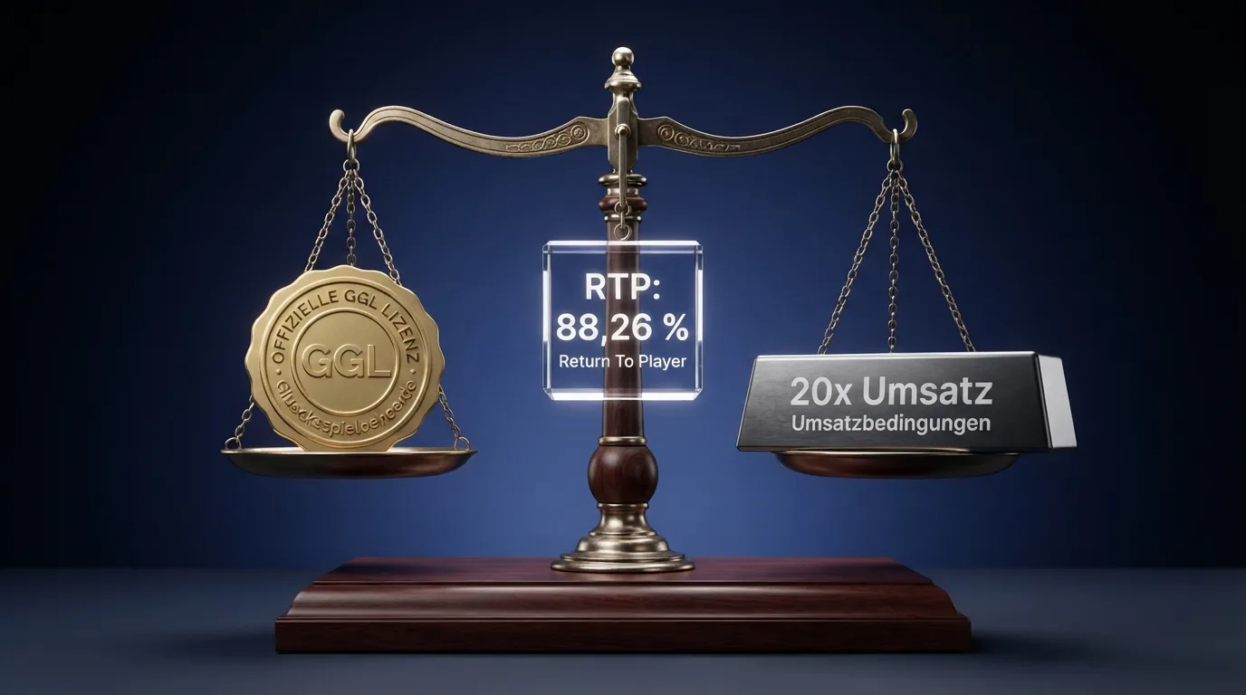 Symbolische Entscheidungshilfe – Waage mit GGL-Lizenz, RTP-Wert, Bonus-Bedingungen als Gewichte