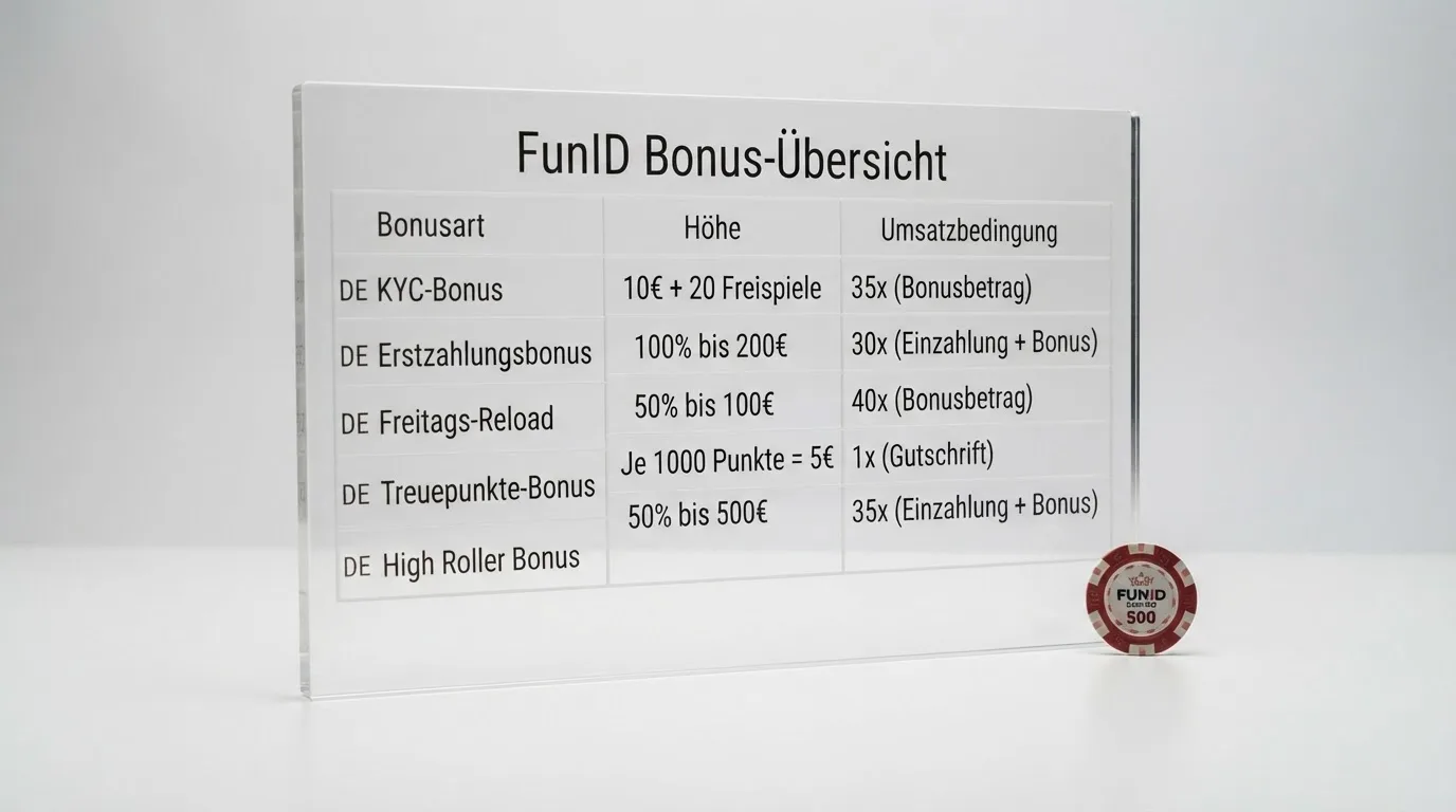 Übersicht der FunID-Bonusarten mit Beträgen, Umsatzbedingungen und Gültigkeit