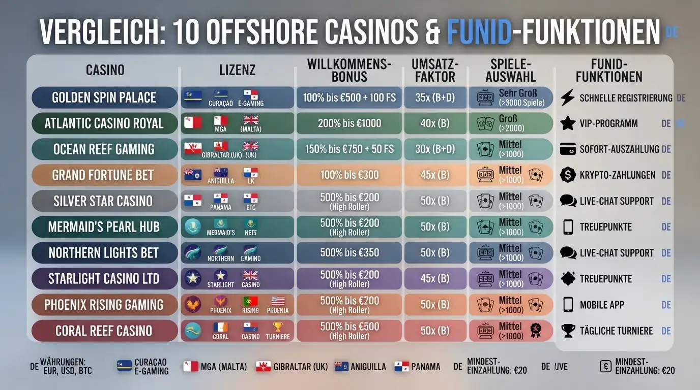 Übersichtsgrafik der zehn verglichenen FunID-Casinos mit Lizenz und Kurzbewertung